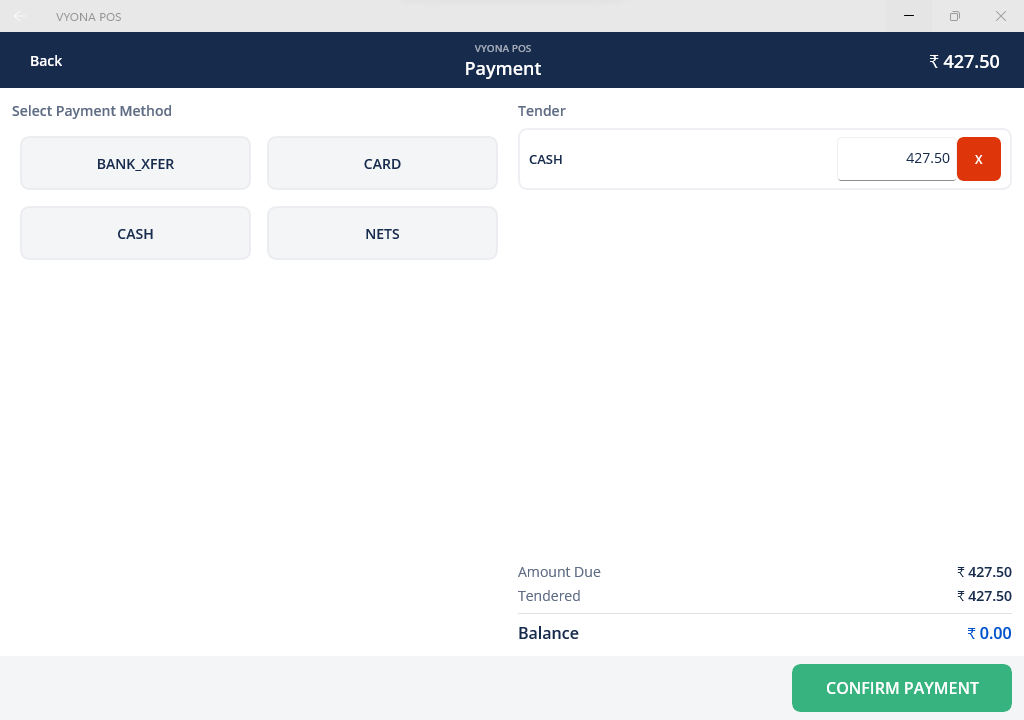 VYONA POS payment screen for beauty retail checkout