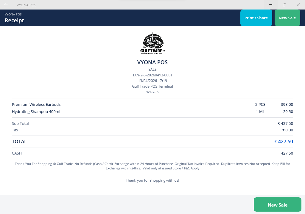 VYONA POS retail billing and receipt screen